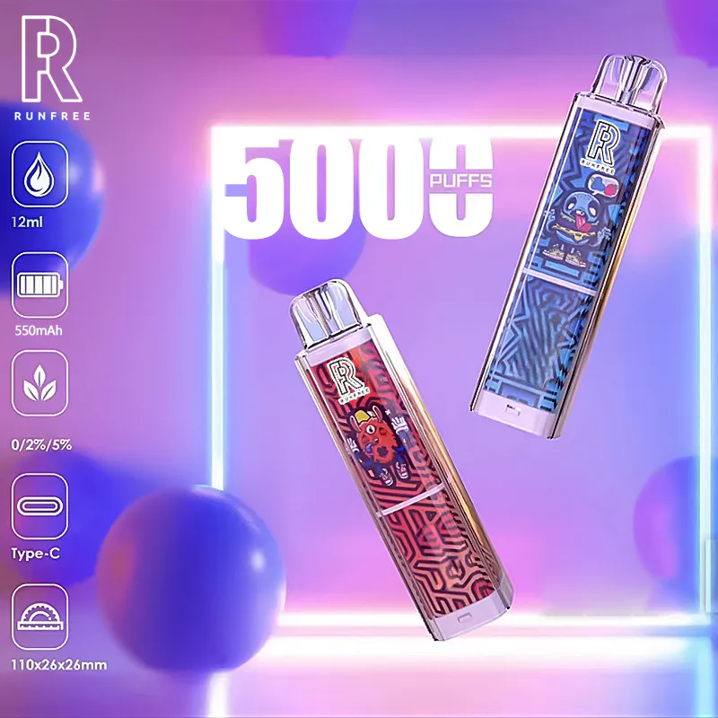 Runfree 5000 Puffs Disposable Vape Sticker Transparent Casing E-cigs Colorful Luminous Lamp Free Samples Wholesale E-cigarette